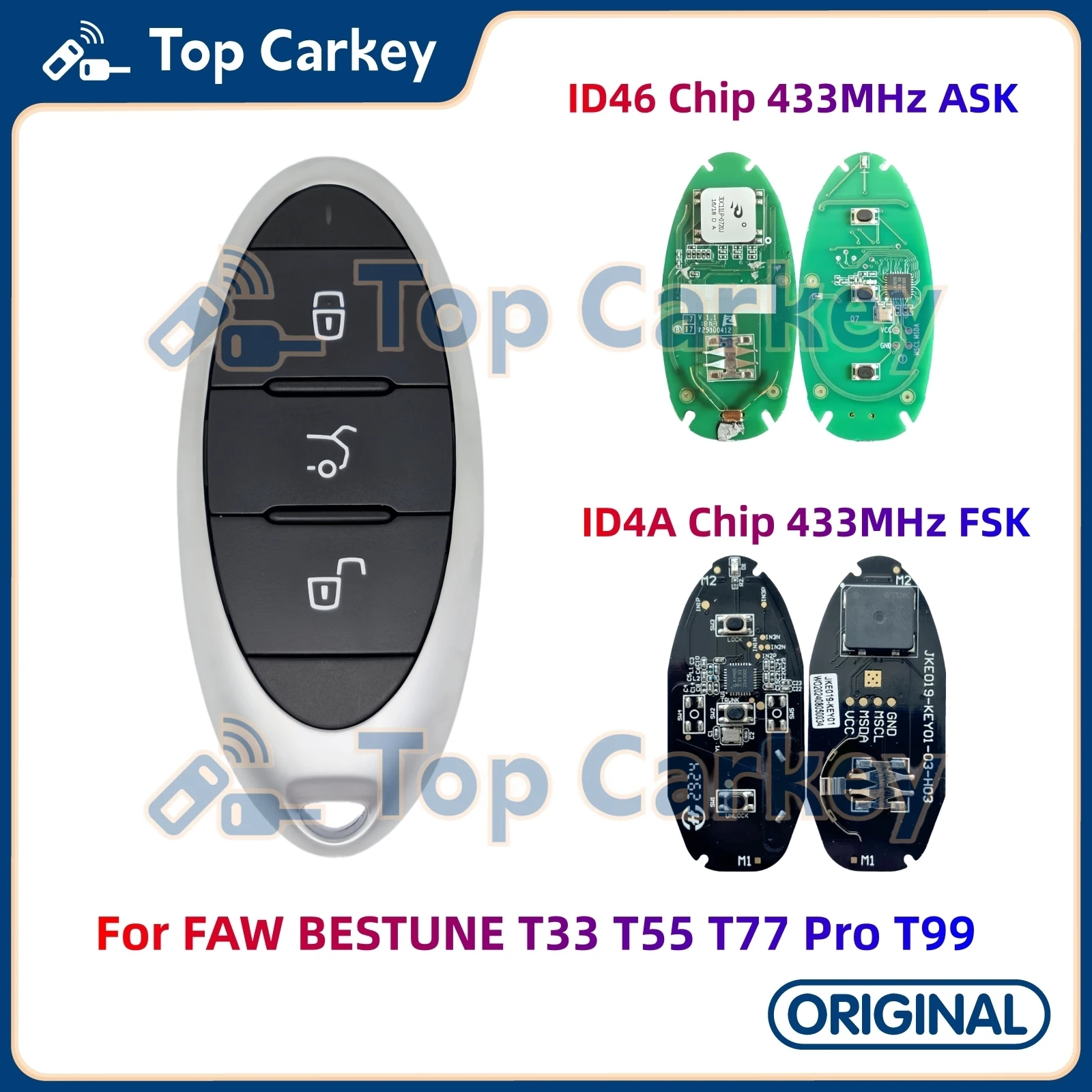 

TopCarkey Original Remote Key Fob ID46 ID4A Chip 433MHz for FAW BESTUNE T33 T55 T77 Pro T99