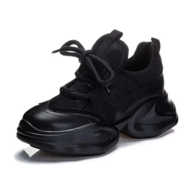 

8 см новые женские летние кроссовки из натуральной кожи с полой воздушной сеткой на платформе, массивные кроссовки на танкетке, осенне-весенняя модная повседневная обувь на шнуровке