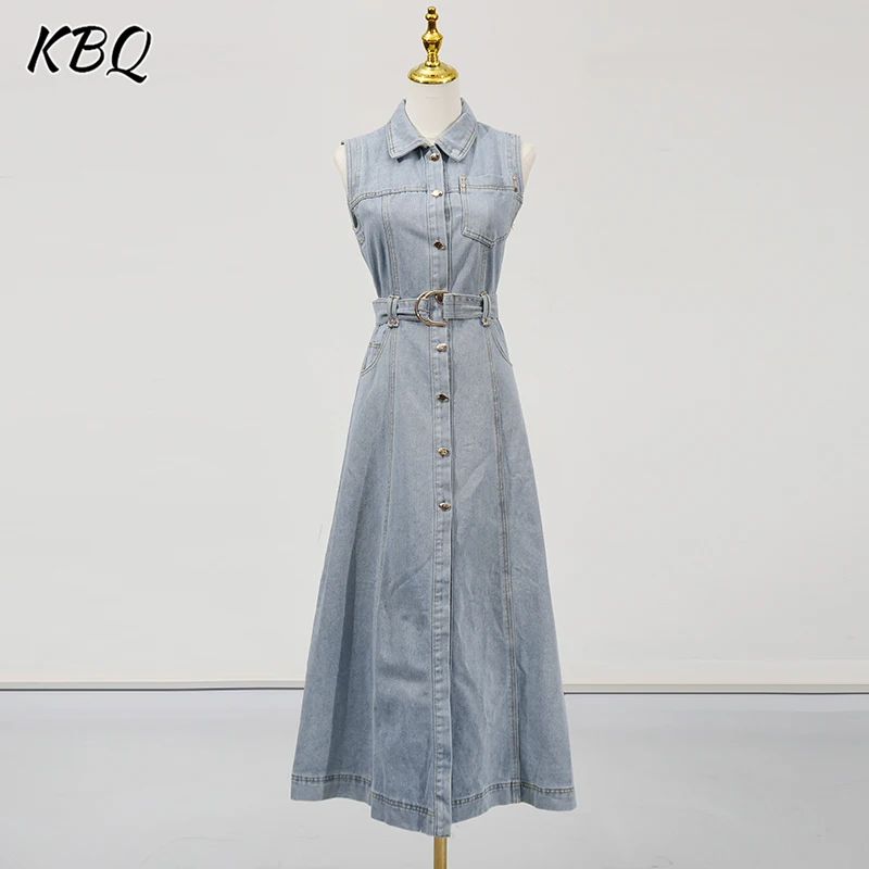 

KBQ Solid Spliced Sinke Breasted Midi Cowboy Dresses for Women Lapel Sleeveless Patchwork Belts Fashion Dress Female Style New