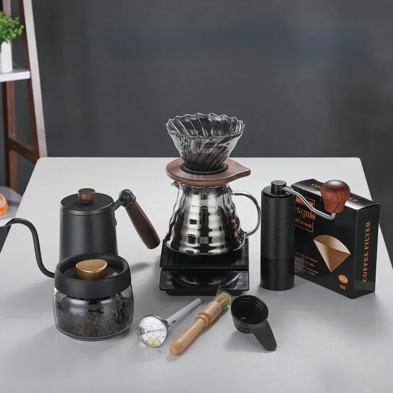 Smoke Grey 600MLV-funnel Hand Rinsed Coffee Pot Set Hand Grinder Coffee Machine Hand Shake Household Small Coffee Bean Grinder