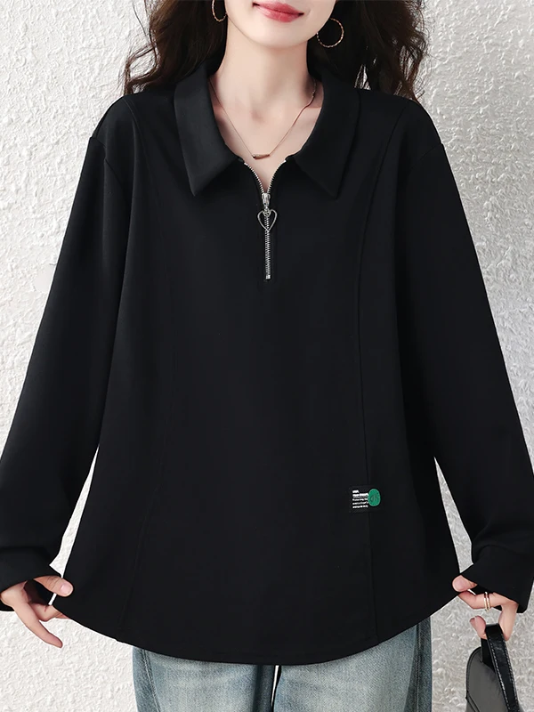 Authentic Autumn Fashion Long Sleeve Turn-down Collar Half Zipper Belly Cover Casual Versatile Women's Top Linen Material Pol...