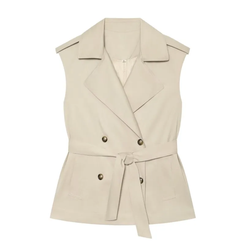 Women's Double-Breasted Waistcoat with Belt New 2026 Summer Regual-Collar Sleeveless Shoulder Tabs Woman Wasitcoat Female Top