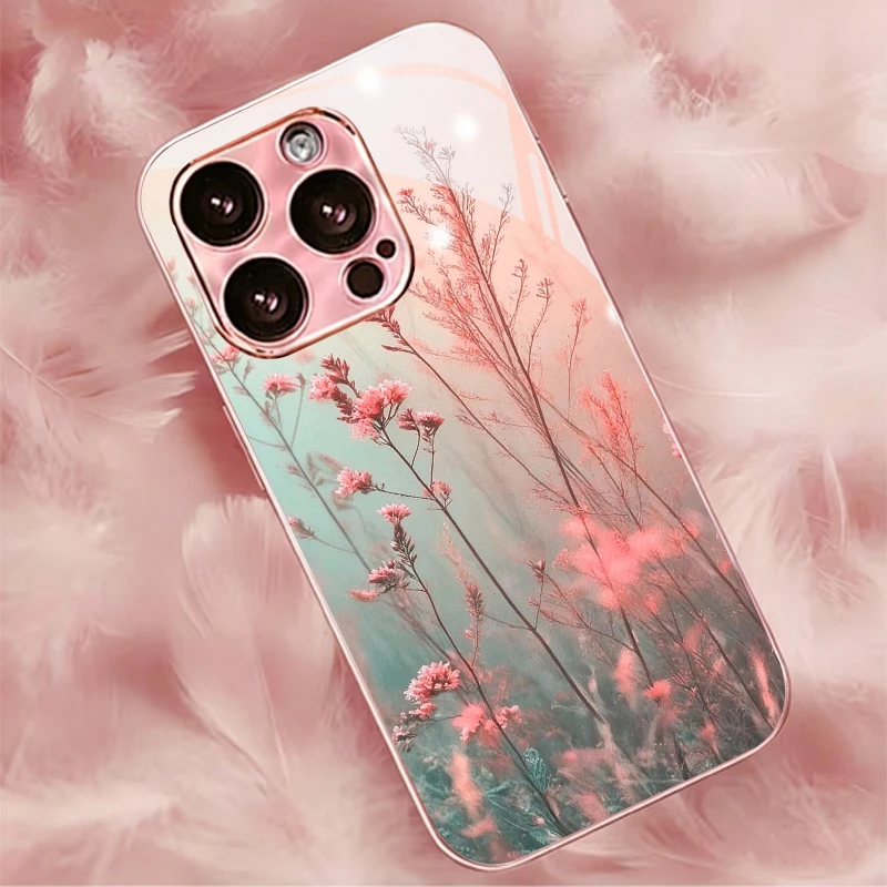 Pastel Wildflower Mist Electroplated Pink Glass Phone Case For iPhone 18 11 12 13 14 15 16 17 Pro Max Plus 17Air 16E Back Cover