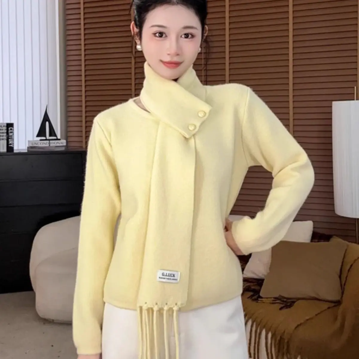Suéter de inverno feminino estilo coreano moda cachecol destacável aconchegante pulôver de malha grande