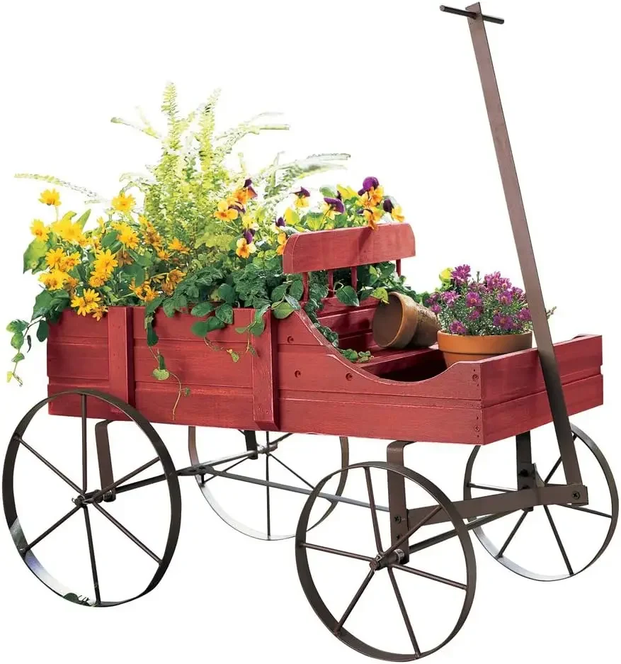 Collections Etc Amish Wagon Decorative Indoor/Outdoor Garden Backyard Planter, Red