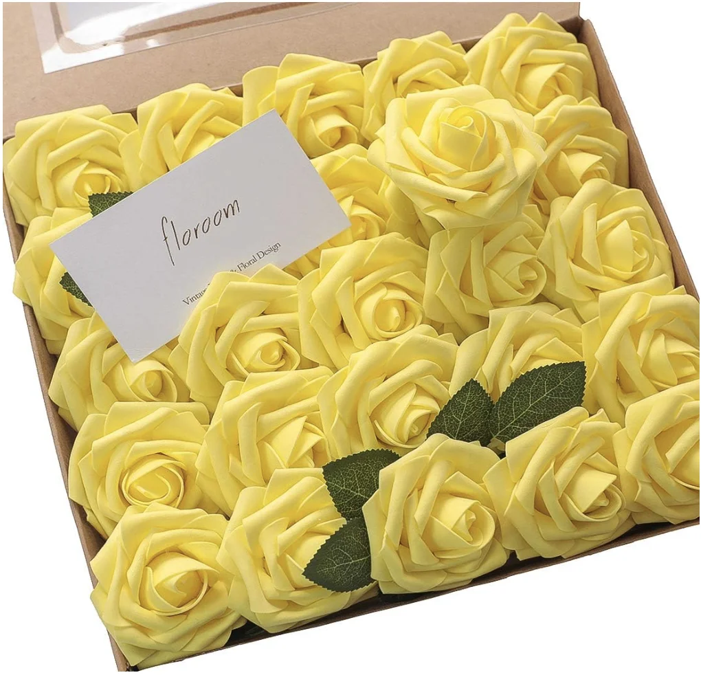 Artificial Flowers 50pcs Real Looking Canary Yellow Foam Fake Roses with Stems for DIY Wedding Bouquets Bridal Shower