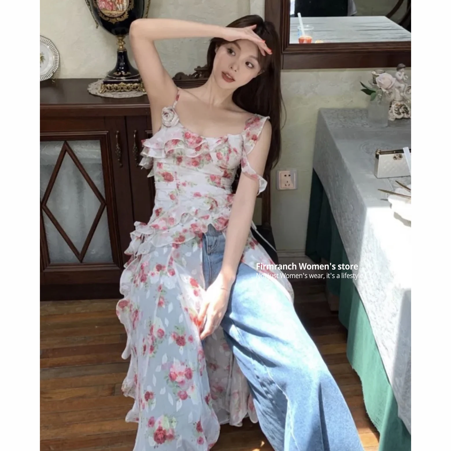 Firmranch 2024 Summer High Qulaity Korean Fashion Dorothy Rose Holiday Floral Slip Dress For Women One Piece Sleeveless Dress