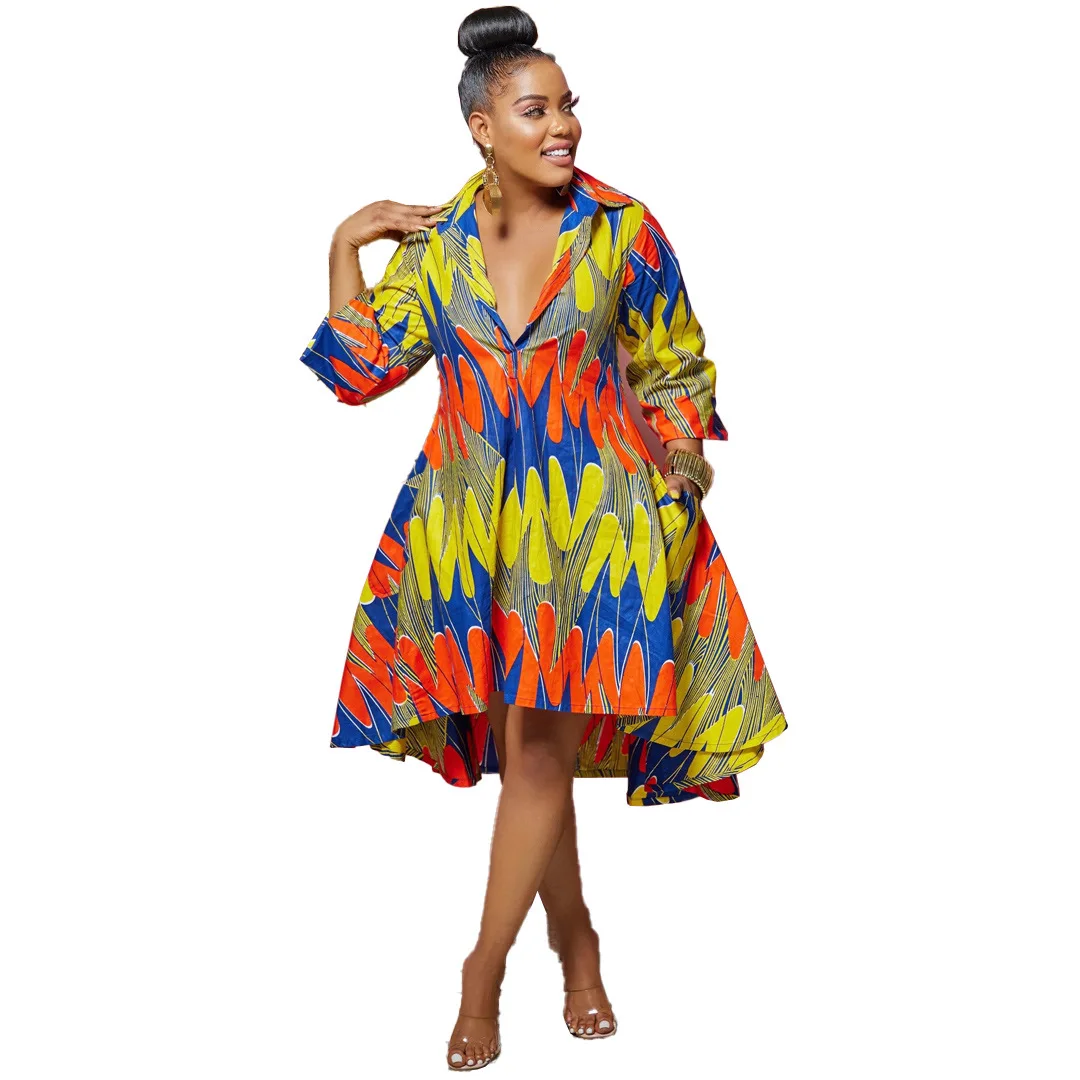 Robe africaine Sexy, col en v, manches trois-quarts, imprimé, longueur aux genoux, vêtements africains, été, 2022