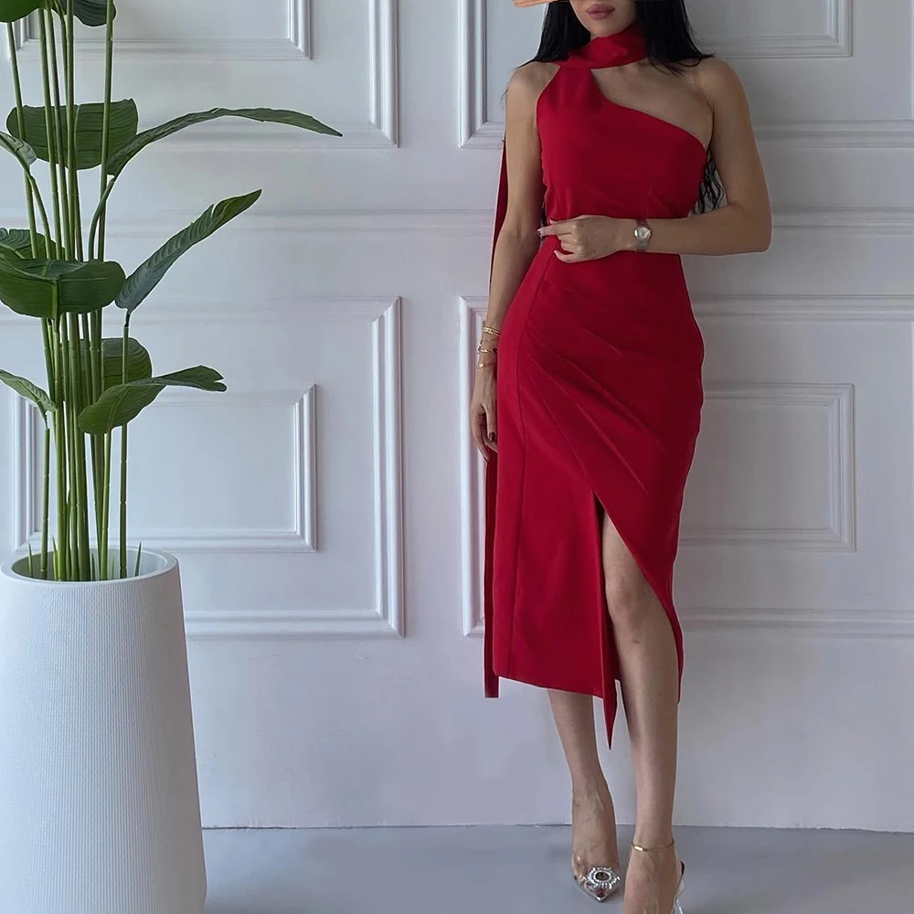 

Formal One Shoulder Jersey Evening Dresses Temperament Straight Tea Length High Neckline Sleeveless فساتين سهره نسائيه فخمة