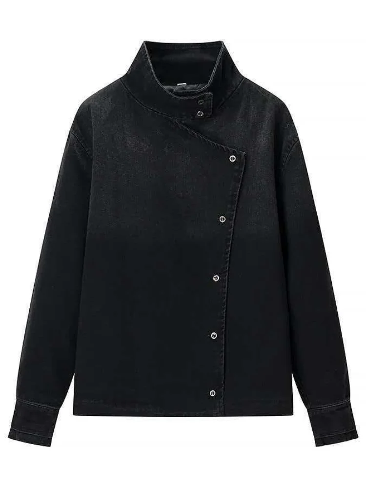 

Повседневная черная джинсовая куртка с косыми пуговицами для женщин, с длинным рукавом, воротником-стойкой, однобортная, весна-осень 2026, верхняя одежда