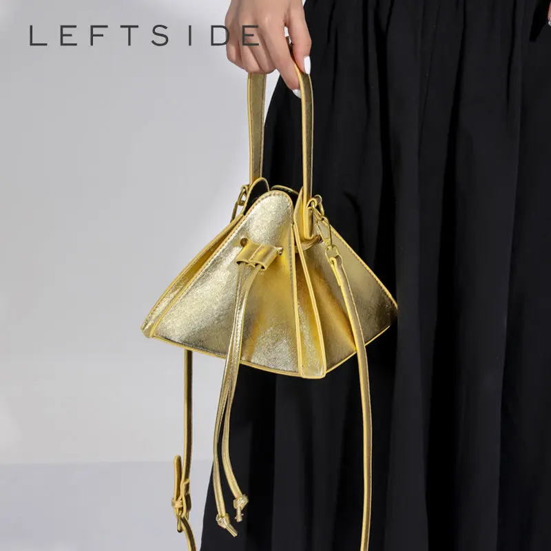 LEFTSIDE Cute Gold Silver Triangle Mini Leather Crossbody Bags with Short Handle for Women 2023 Trend Korean Fashion Handbags