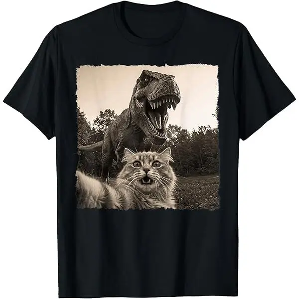 T-shirt con stampa di pizza di dinosauro gatto spaventoso con maniche corte in cotone ampio e confortevole per uomini e donne con soldi