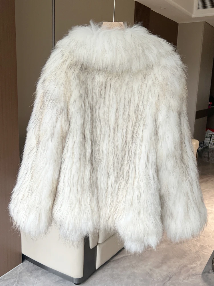 ใหม่ Raccoon Fur ทอเสื้อขนสัตว์ผู้หญิง Ruffle Collar Design