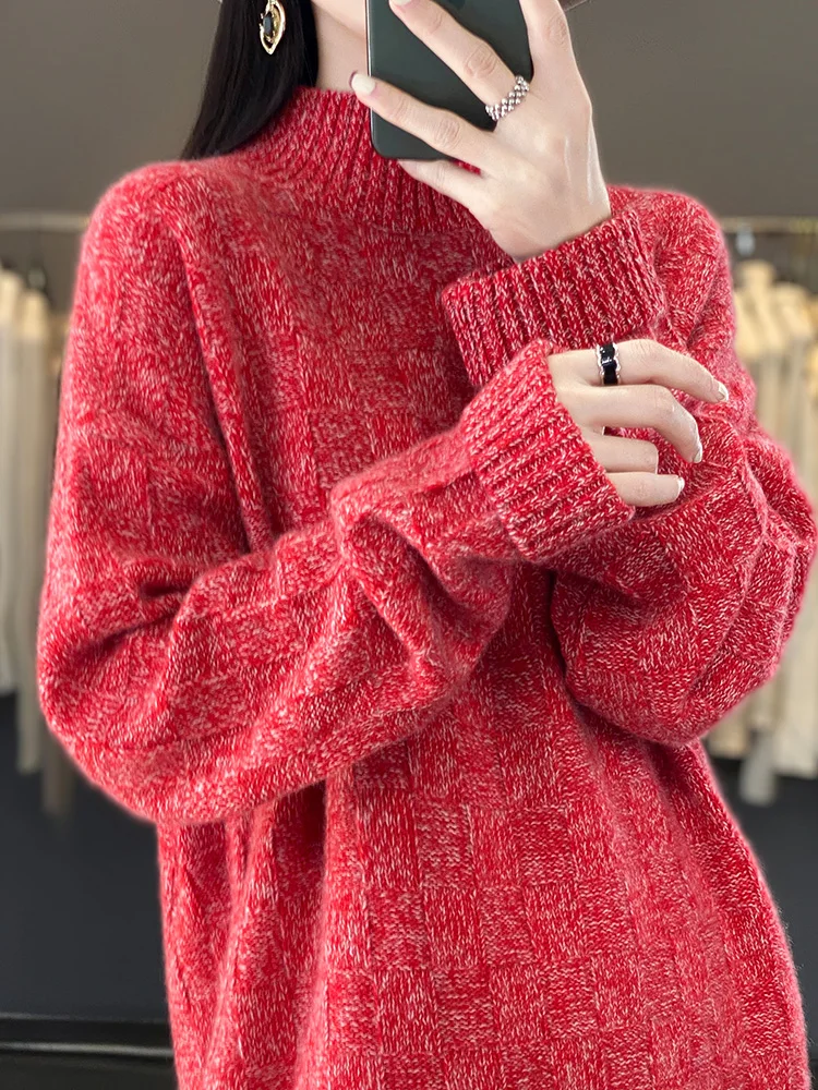 

100% Merino Wool Women's Sweater LongSleeve Top Half High Collar pullover Thick Warm Outerwear cashmere new knitwear Comfortable