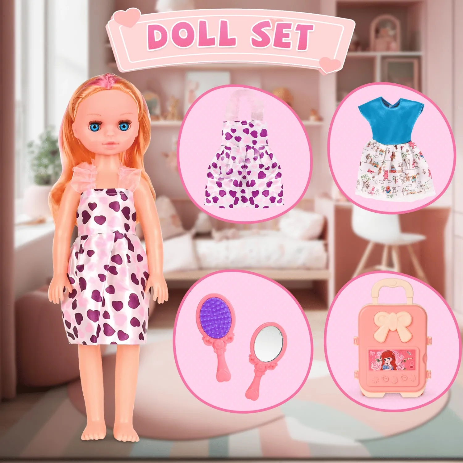 Bambola da 16,54 pollici con vestiti, valigia, pettine e specchio |   Regalo perfetto per ragazze dai 3 anni in su (Halloween/Natale/Pasqua)