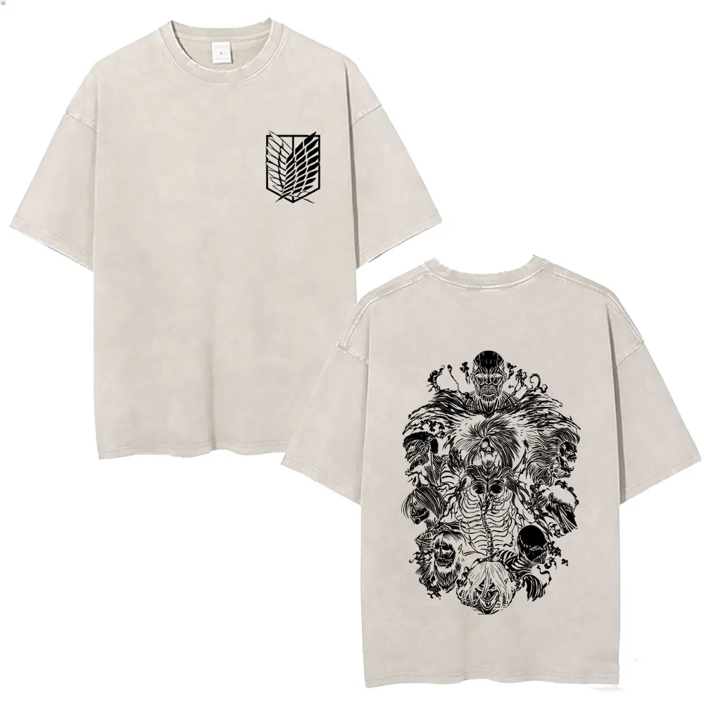 

Anime Attack on Titan Eren Jaeger Vintage Washed T-shirt Skeleton Graphic T Shirt Men Women Cartoon Manga Fleece Cotton T-shirts