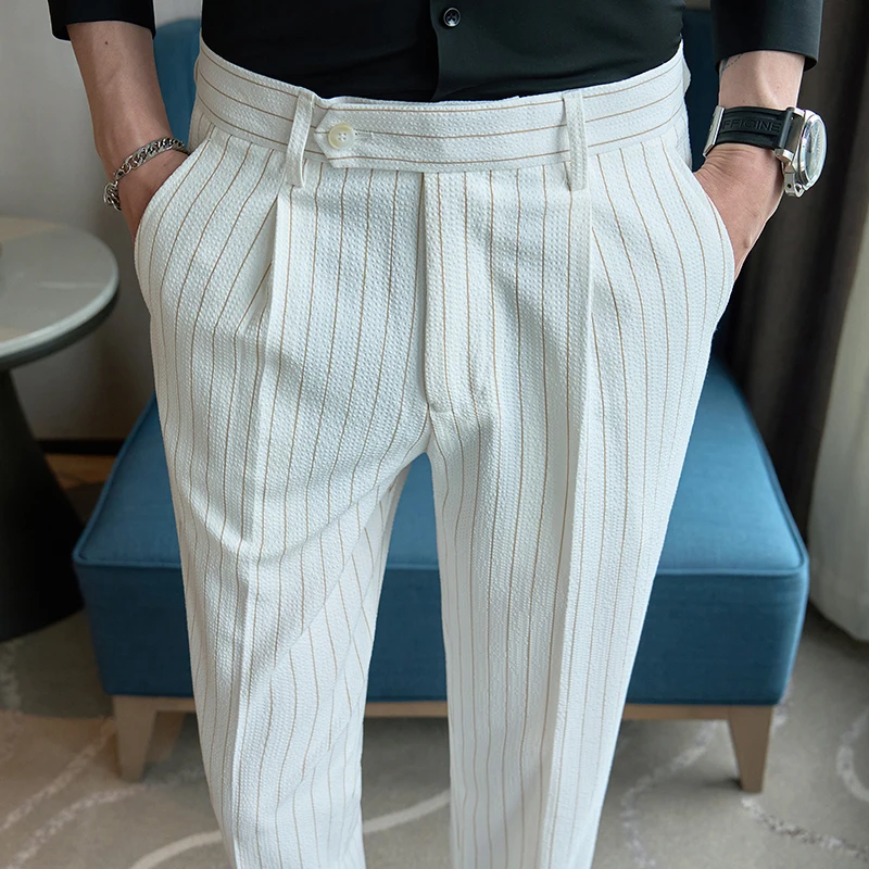 2024 Spring/Summer Korean Striped Straight Tube Men's Pants Fashion Simple Business Casual Pants Classic Solid Color Luxury Suit