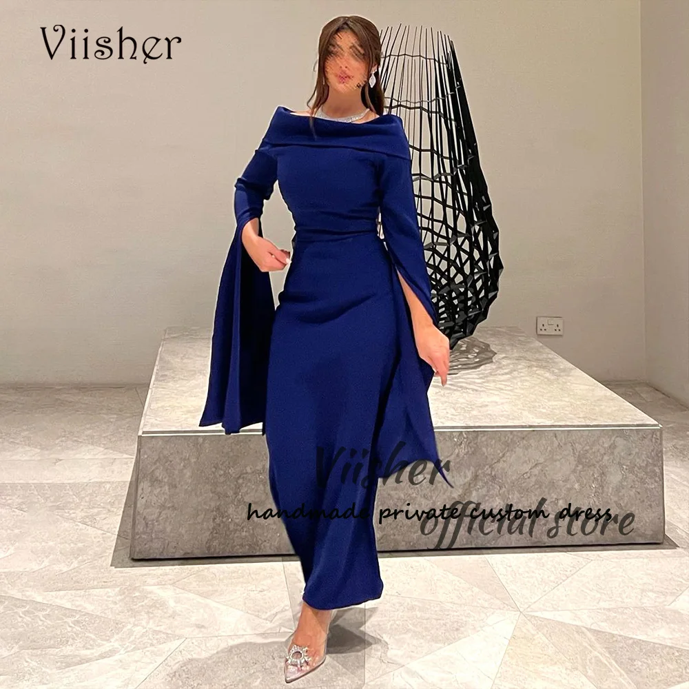 Viisher-فساتين سهرة بحورية البحر من الساتان الأزرق ، بأكمام طويلة ، دبي ، العربية السعودية ، حفلة موسيقية ، طول الأرض ، فساتين رسمية