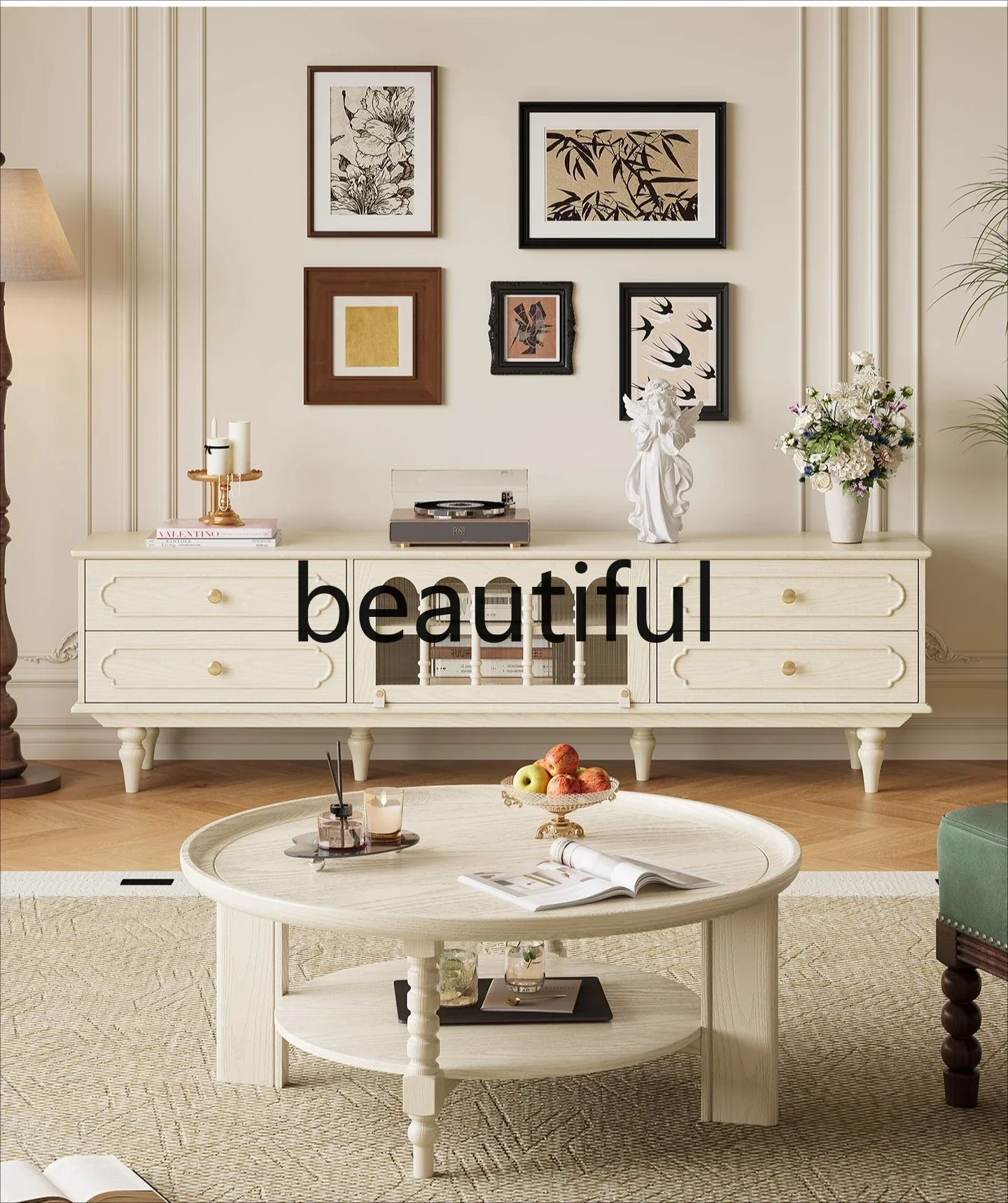 X  TV cabinet household all-solid wood round coffee table living room, storage locker against the wall