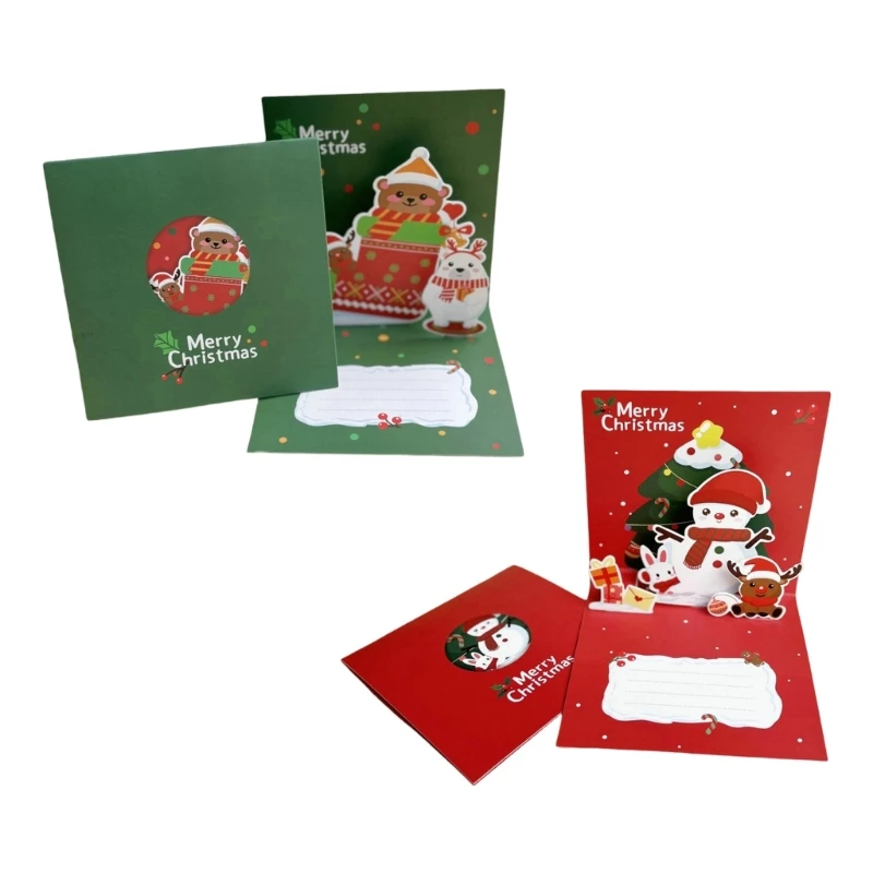 Elegant 3D Popup Christmas Greeting Paper Card with Snowman and Bear Figurines