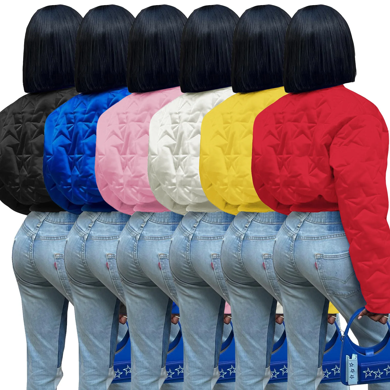 

Cotton Padded Stars Bomber Jackets Fashion Stand Collar Zipper Short Quilted Coat 2026Fall Winter Warm Varsity Jacket Tops Blue