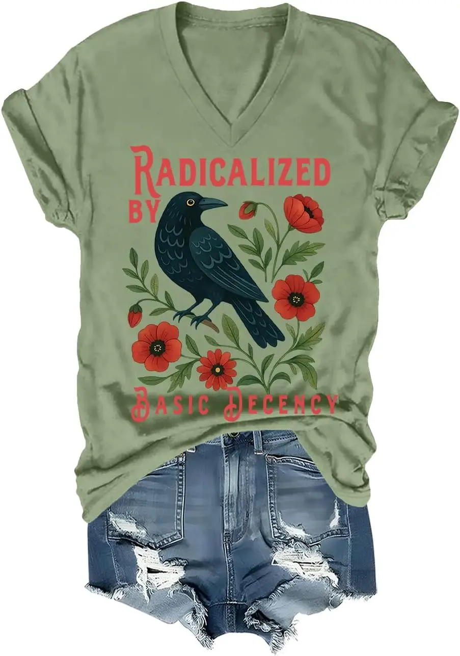 Radicalized by Basic Decency Shirt Vintage Subtle Floral Black Bird Democracy Black Crow Shirt Unisex