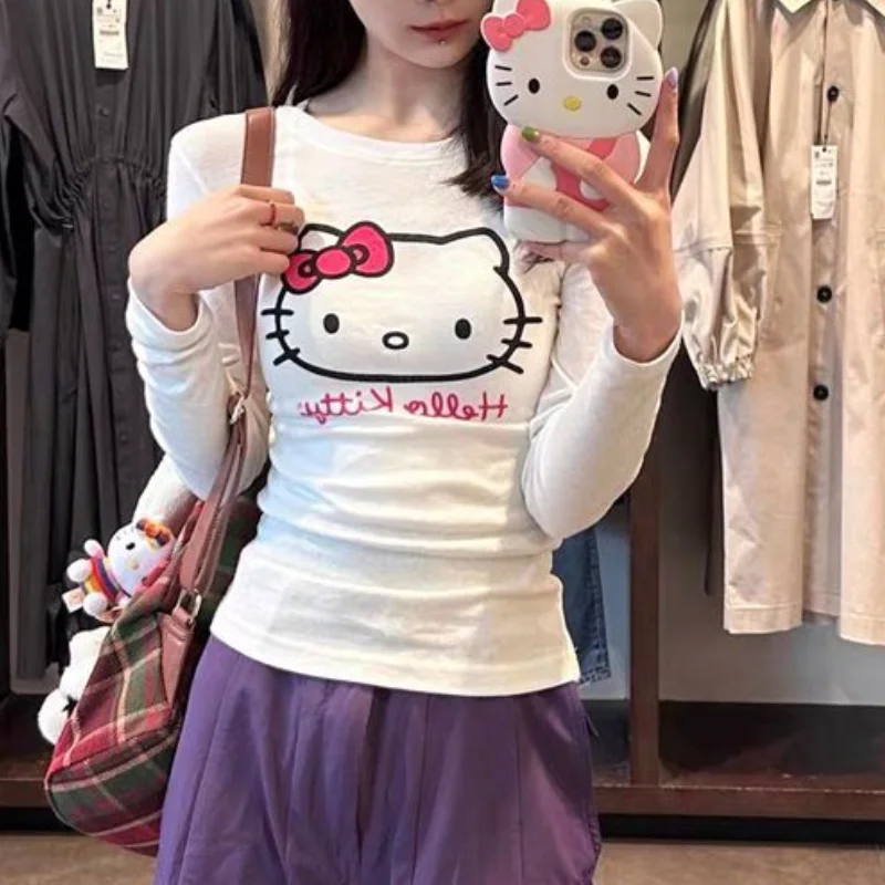 Hello Kitty Cotton Long Sleeved T-Shirt Short Tops Cartoon Versatile Sanrioed Cute Comfort Round Neck Slim Fit Tops Sweet Girl