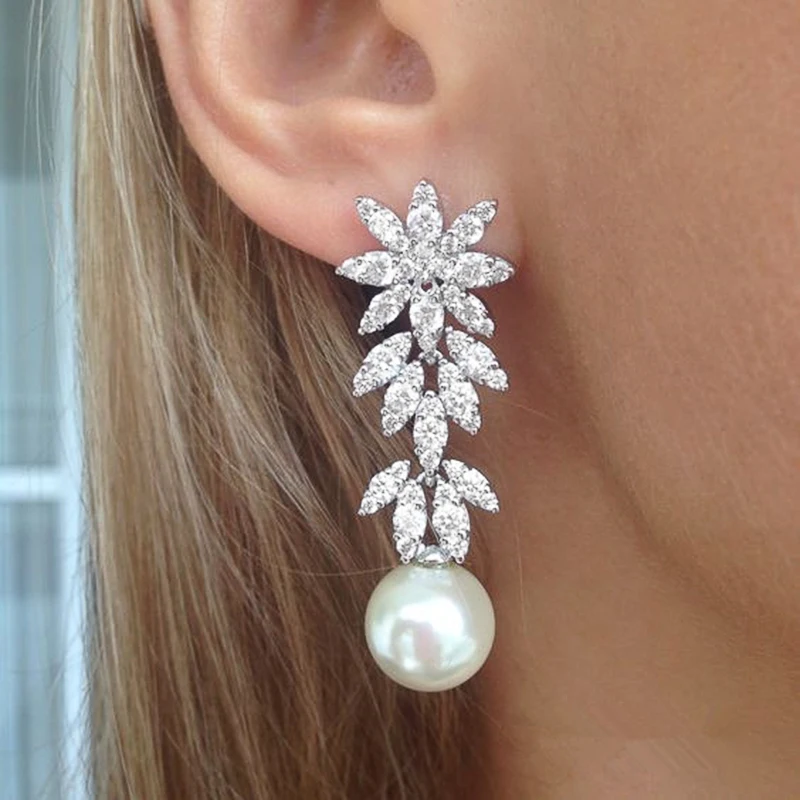 Huitan Aesthetic Flower Long Hanging Earrings with Simulated Pearl Silver Color Exquisite Earrings New for Women Wedding Jewelry