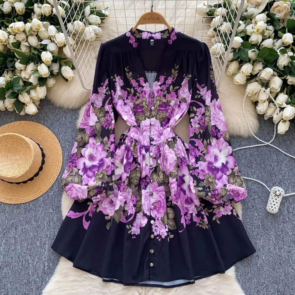 French Print V-neck Puff Sleeve Long Sleeve Single Breasted Dress A-line Casual Women Fashion Autumn Spring Vestidos Clothing