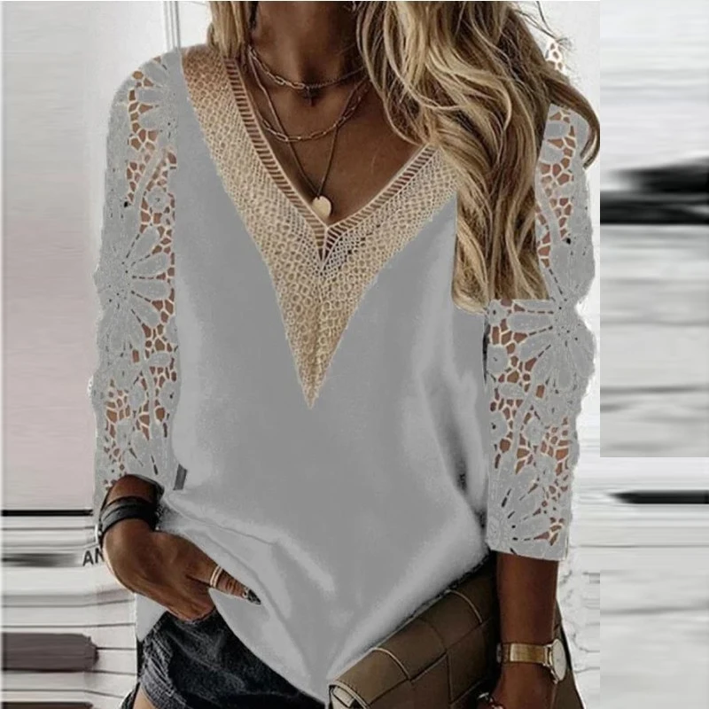 V-neck Elegant Lace Stitching Women Blouse Long Sleeve Tops Spring Hollow Out Vintage Shirt Casual Loose Clothes Blusas 25948