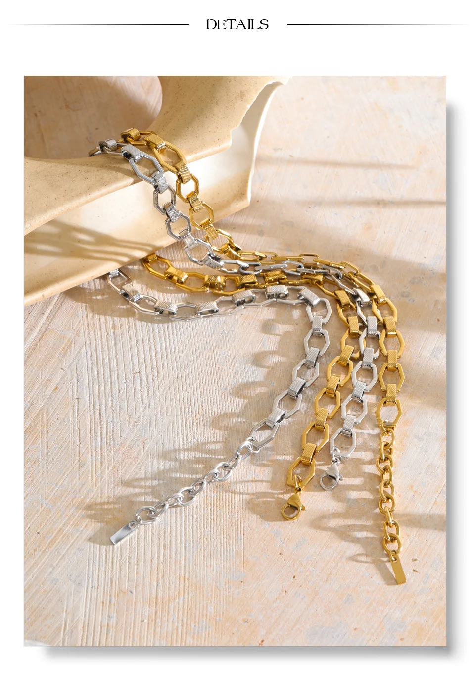 Yhpup Edelstahlkette, modische Halskette für Damen, 18K Goldfarbe, PVD-beschichtet, strukturiertes Metall, Statement-Schmuck – Detail 7