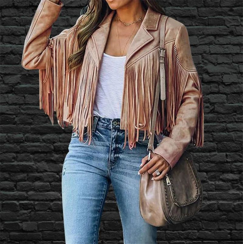 سترة نسائية مهدب سترة نسائية مقصوصة لراكبي الدراجات النارية سترة خارجية بغرز مفتوحة سترات ضيقة معطف من جلد الغزال الصناعي بشرابة #2