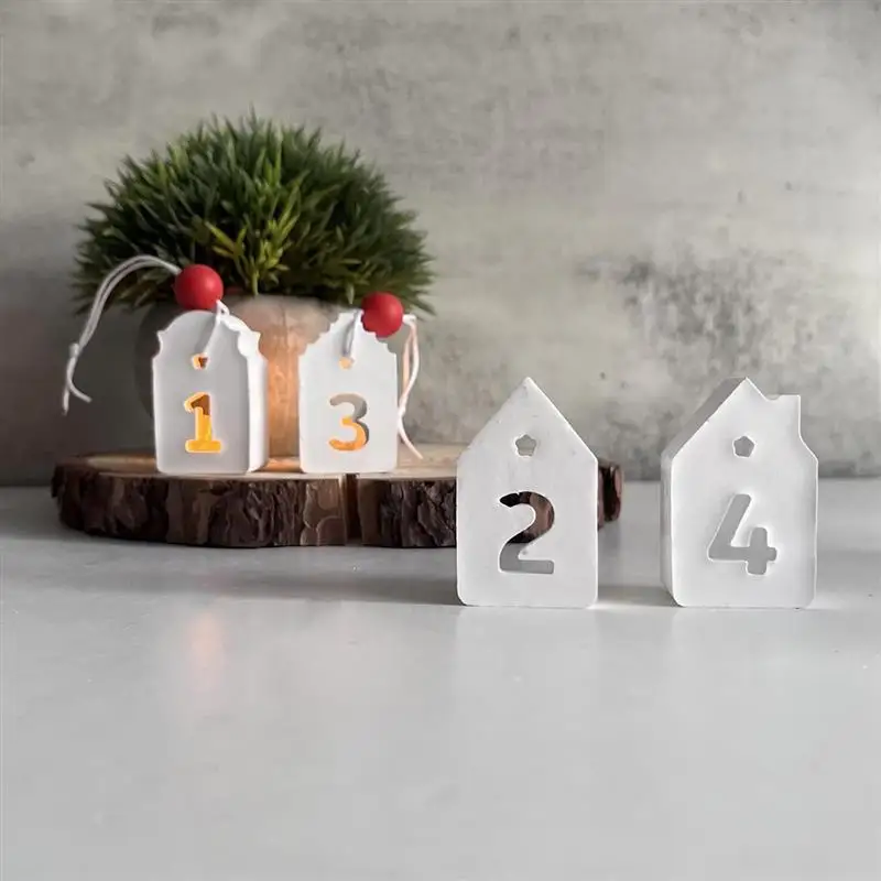 4-In-A-Row Digital House Decoration Silicone Mold Small House Digital Pendant Decoration Mold Advent Gypsum Dropper Candle Mould