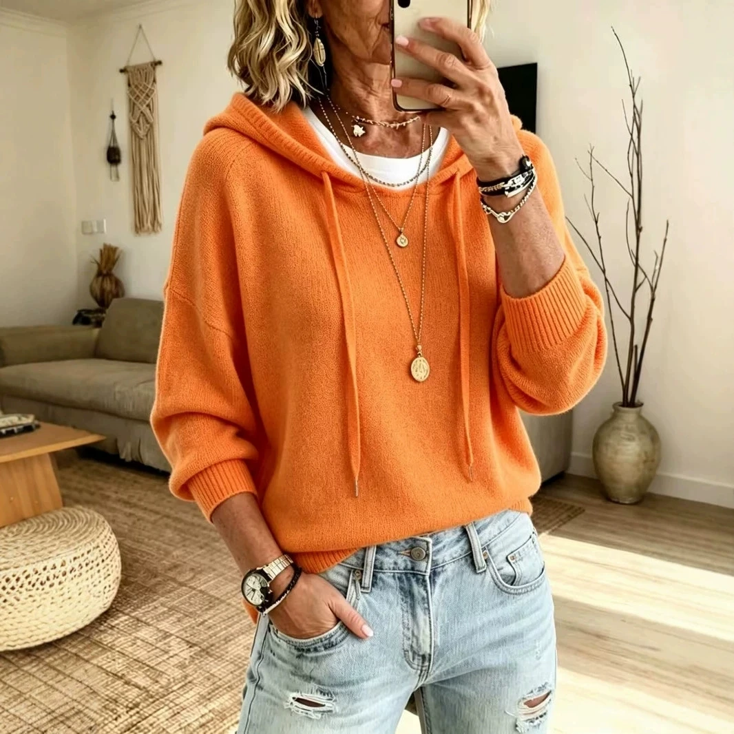 New Knitted Drawstring Hoodie Sweater, Loose Casual Outerwear Tops For Women
