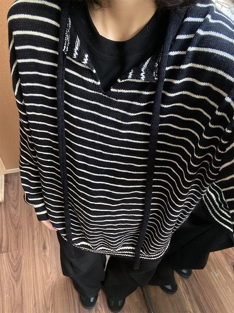 

Американский ретро-свитер в полоску с длинными рукавами, вязаный, весенне-осенний, в стиле Lazy Sle, с V-образным вырезом, базовый слой