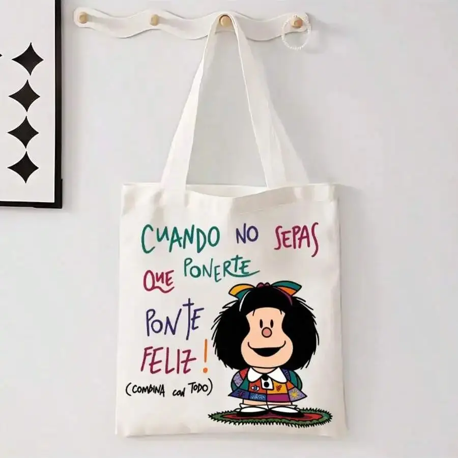 Cartoon Mafalda Mafada 2D Print Pattern Canvas Tote Bag Fashionable Unisex Shoulder Bag for Daily Use image 5