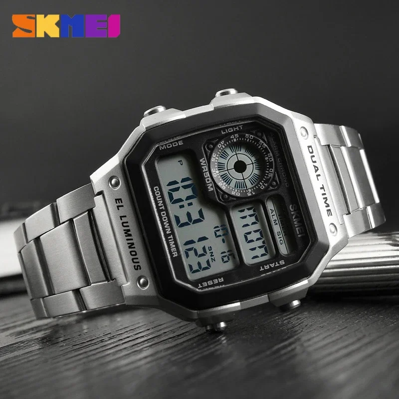 Skmei-Relógio digital masculino com pulseira de aço inoxidável, relógios esportivos impermeáveis, 5Bar, 1335