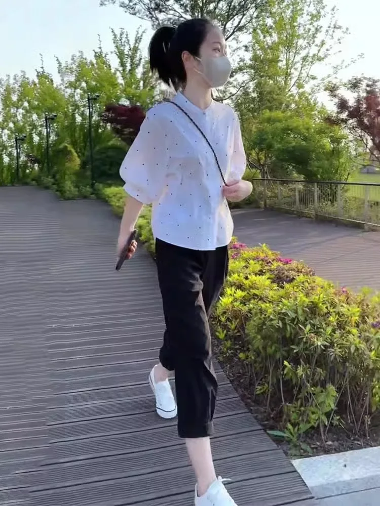  Style Polka Dot Women's Fashion Set Slimming Young-looking Summer Outfit Short Sleeve round Neck Button up Polyester