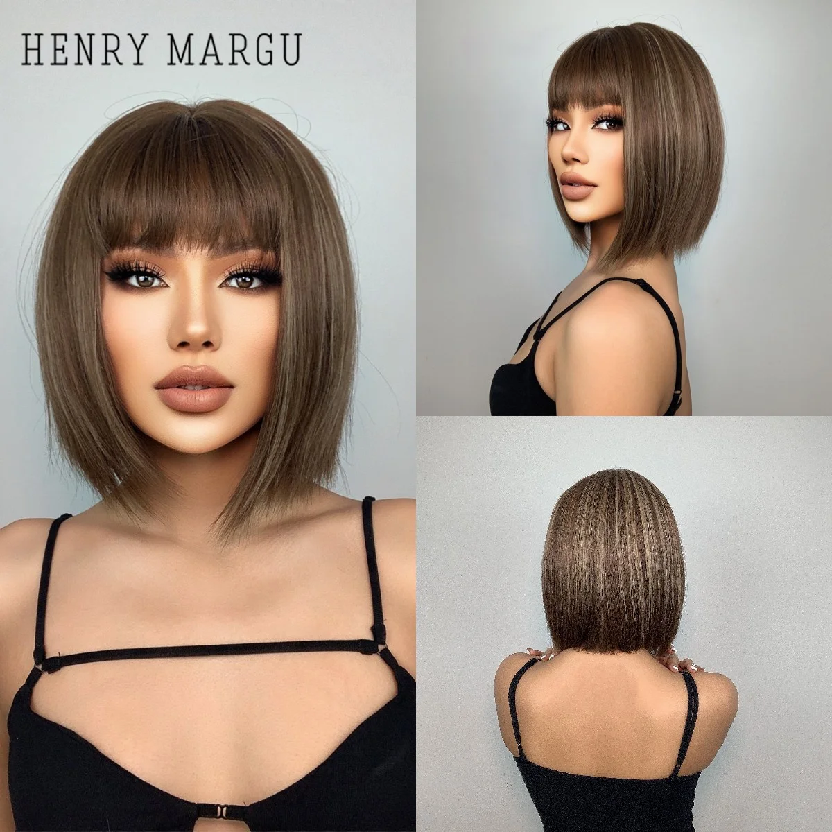 

HENRY MARGU Short Brown Straight Synthetic Bob Wigs with Bangs Natural Wig for Women Daily Cosplay Lolita Party Heat Resistant