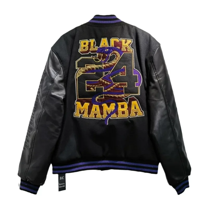 Baseball jersey embroidered splicing leather sleeve cotton vintage jacket