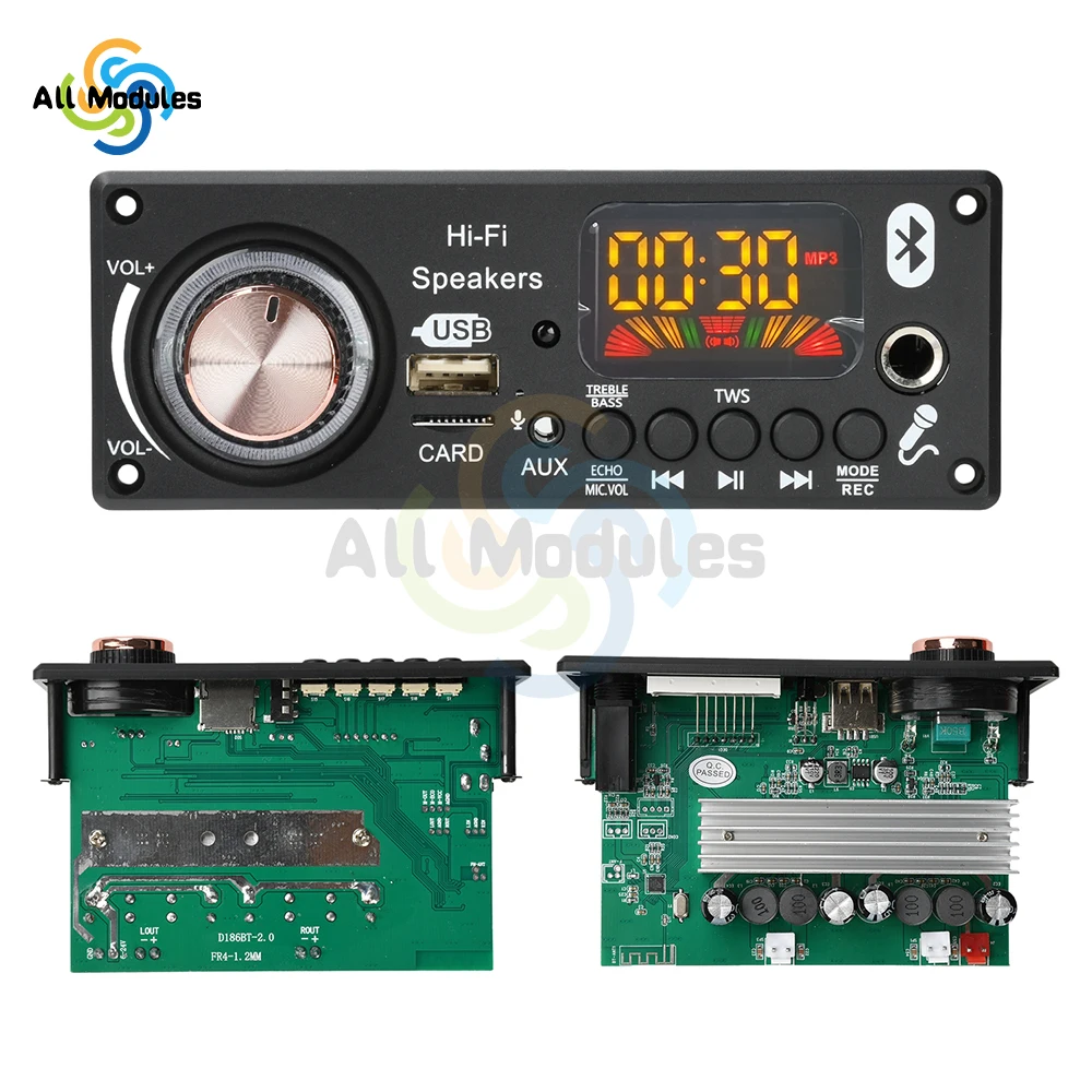 

Bluetooth MP3 Decoding Board TPA3116D2 2*100W Amplifier DIY Music Player FM Radio Module RGB TF AUX USB Mic Record