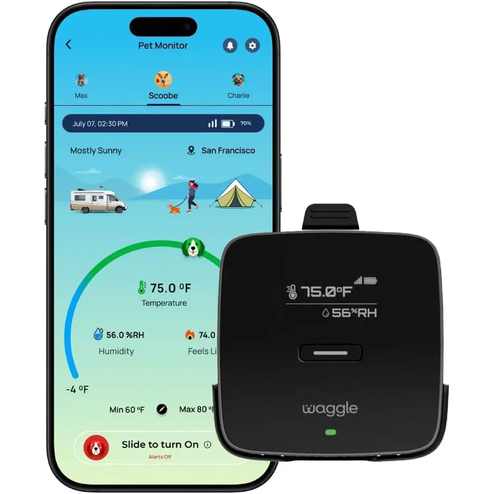 

Pet Temperature Monitor – Real-Time App/SMS/Email Alerts - RV, Car & Home Safety Device with Power-Outage Notifications, Recharg