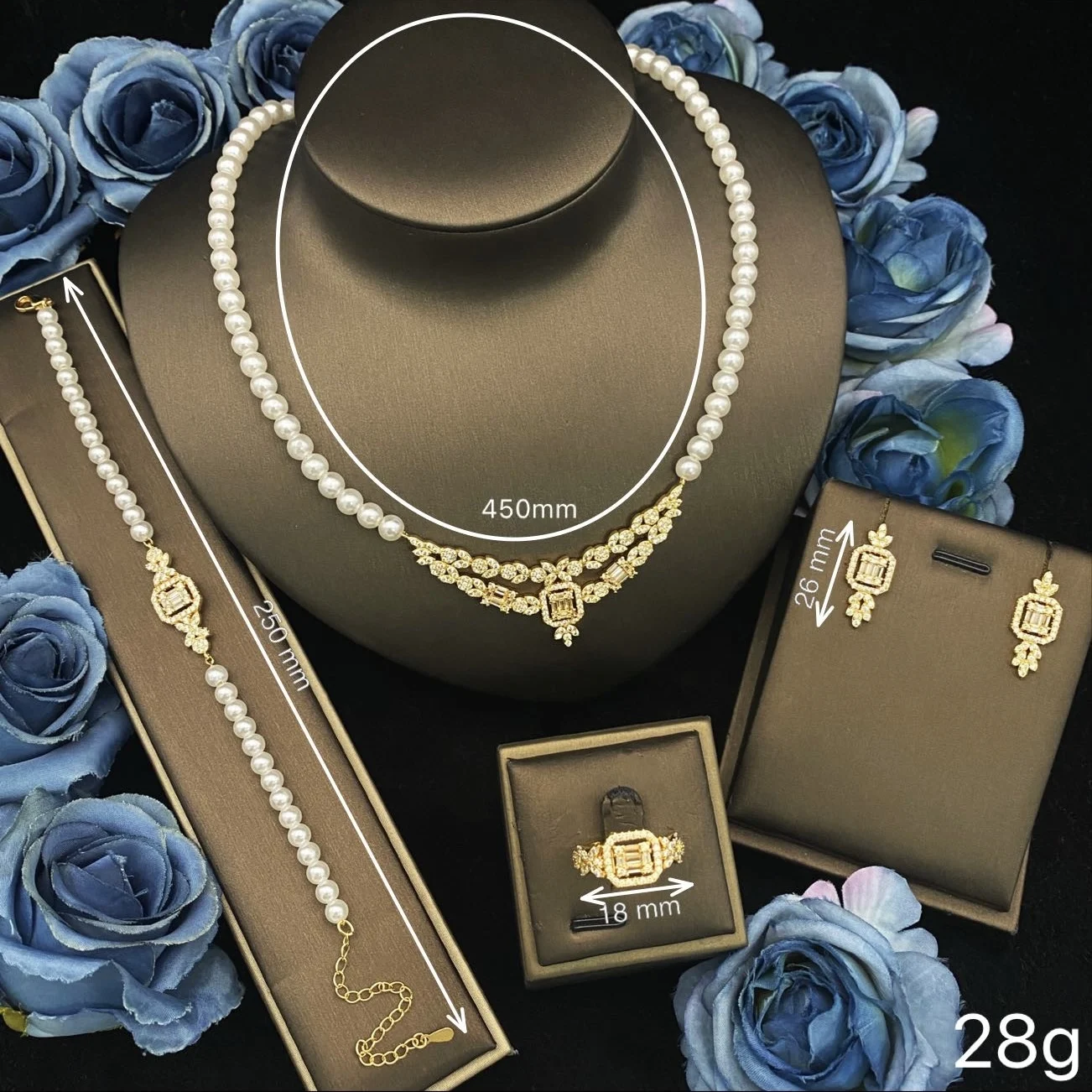Falair Daily Commute Elegant Pearl Set Gold Plated Copper Zircon Necklace Earrings Ring Bracelet Versatile Jewelry