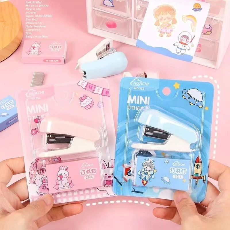 

Office School Supplies Mini Small Stapler Student Cartoon Portable Test Paper Binding Machine Multi Functional Kawai Stationery