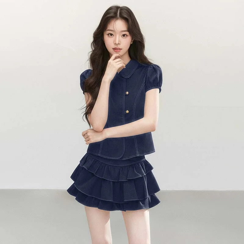 Slimming Effectiveness Summer New Women's College Style Shirt Cake Skirt Two-Piece Set Waist Cinching Bubble Sleeve Short Length