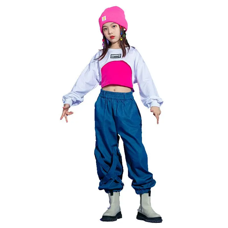 Stage Clothing Girl Hip Hop Crop Top Heckerboard Denim Cargo Pants Jazz Street Dance Performance Clothing