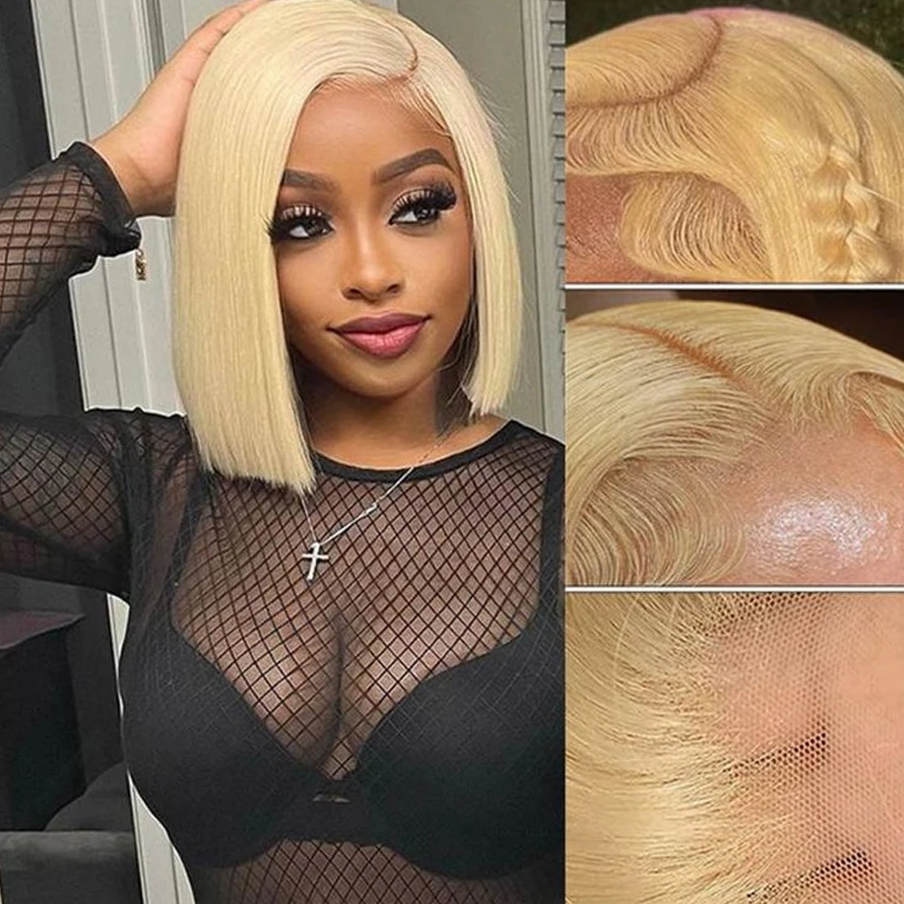 

613 Blonde Short Human Hair Bob Wig Straight Human Hair Wig HD Transparent Pre Plucked Brazilian For Women Bob Human Hair Wig