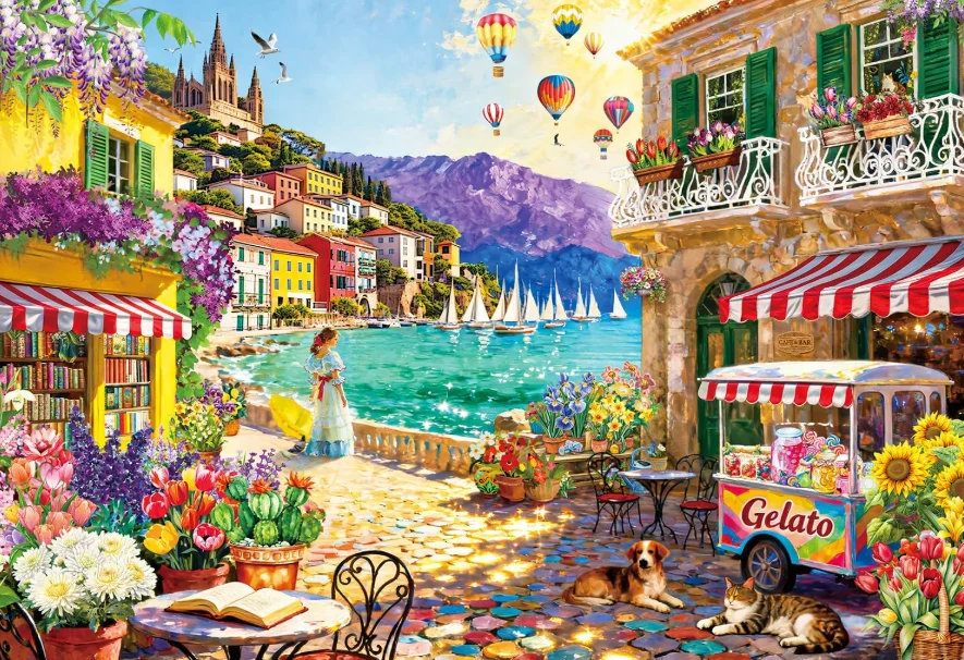500/1000/1200/2000PCS Jigsaw Puzzle Mediterranean Seaport Town Coastal Cafe Gelato Cart Floral Scenery Sailing Boat DIY HomeGift