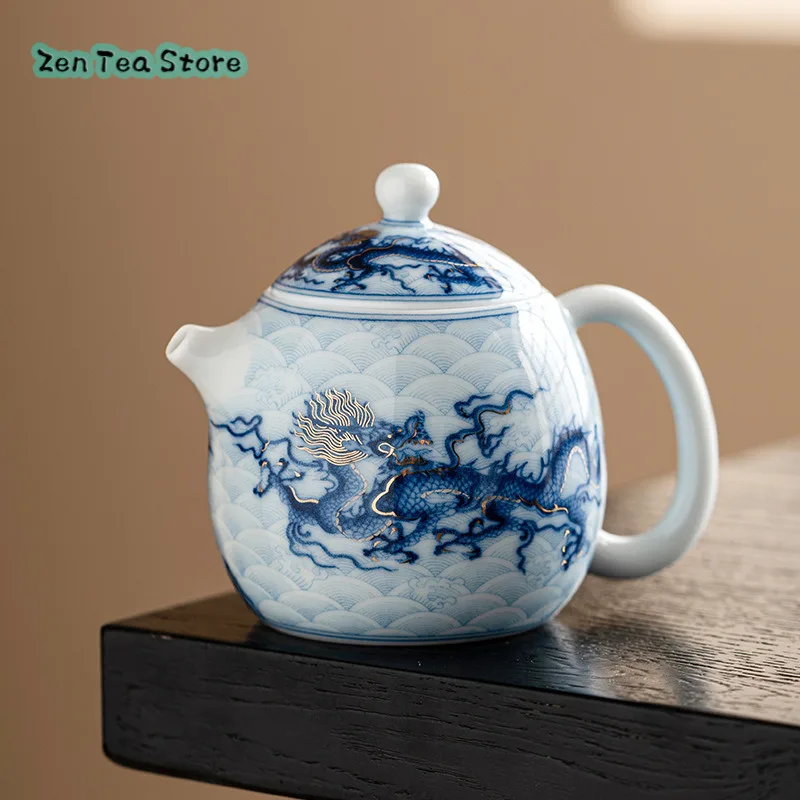 Gold And Silver Staggered Blue And White Dragon Pattern Teapot Round Melting Egg Teapot Single Ceramic Kung Fu Tea Set Teapot