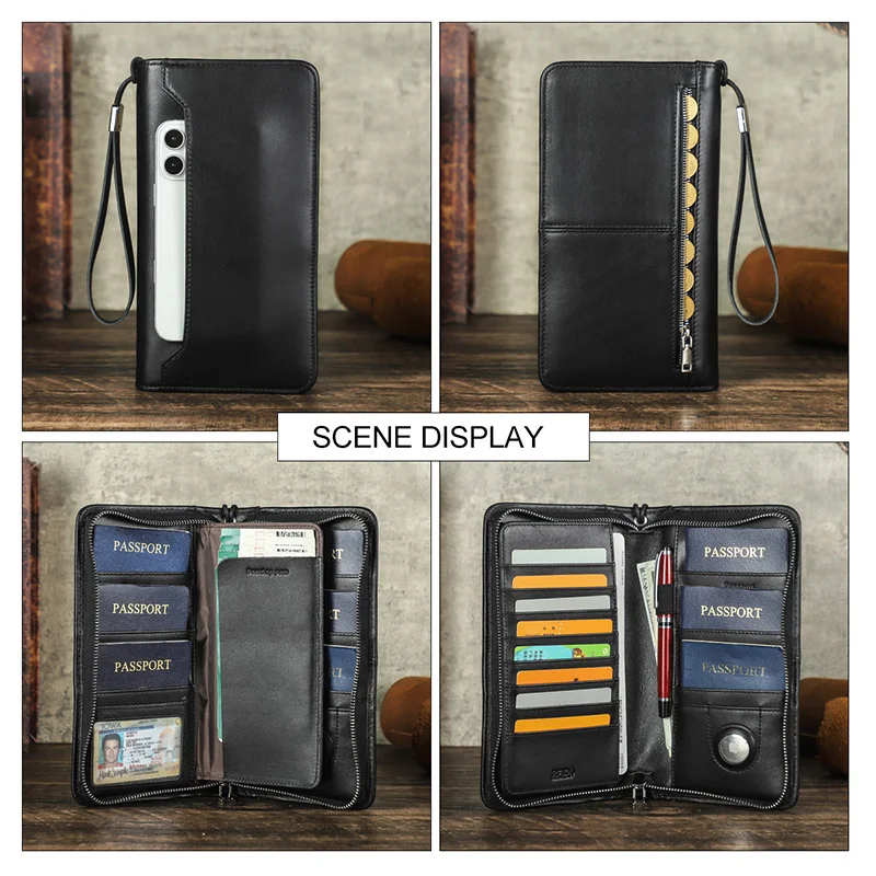 CONTACT'S Genuine Leather Clutch Bag Men Travel Passport Wallet Handbag Male Card Holders Large Capacity Family Passport Wallet